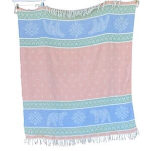 Vintage Fieldcrest Winter Theme Woven Blanket Polar Bear Snowflake Fringe Pastel